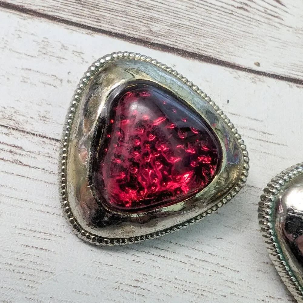 Vintage Clip On Earrings Statement Large Red & Gold Tone Triangular